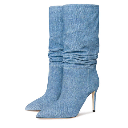 Blue Denim Pointed Toe Stiletto Heel Mid Calf Boots
