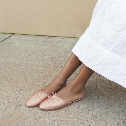 Champagne Round Toe Satin Mules With Bow Lace Up Decor Flats