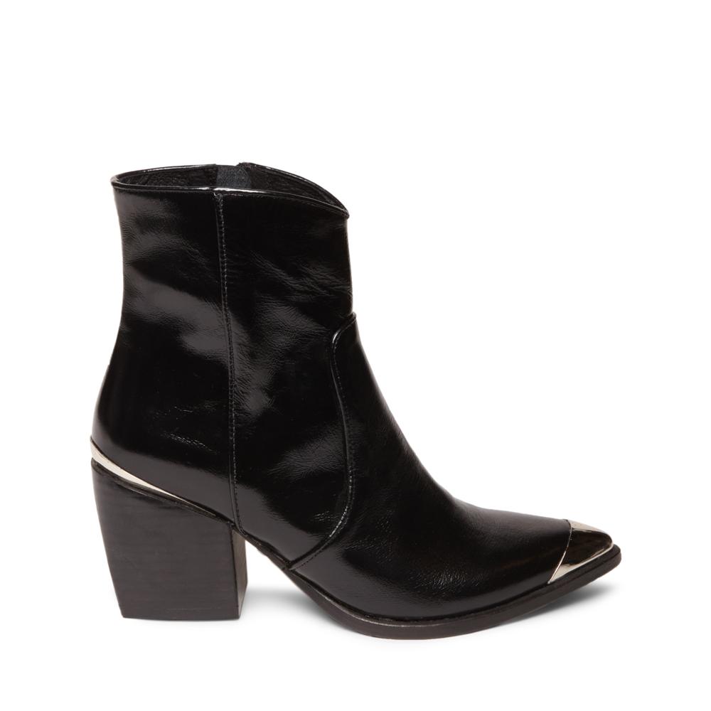 Black Pointed Toe Chunky Heel Side Zipper Western Ankle Boots