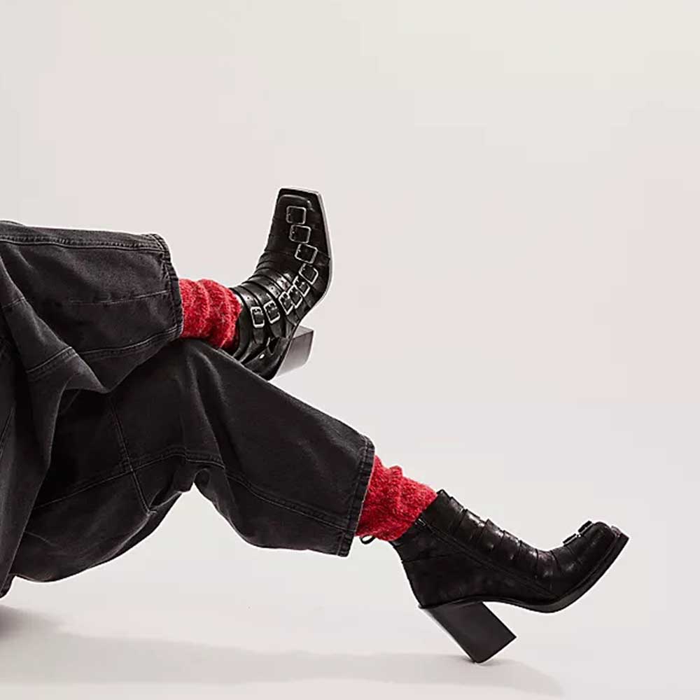 Black Square Toe Block Heel Ankle Boots with Multi-strap