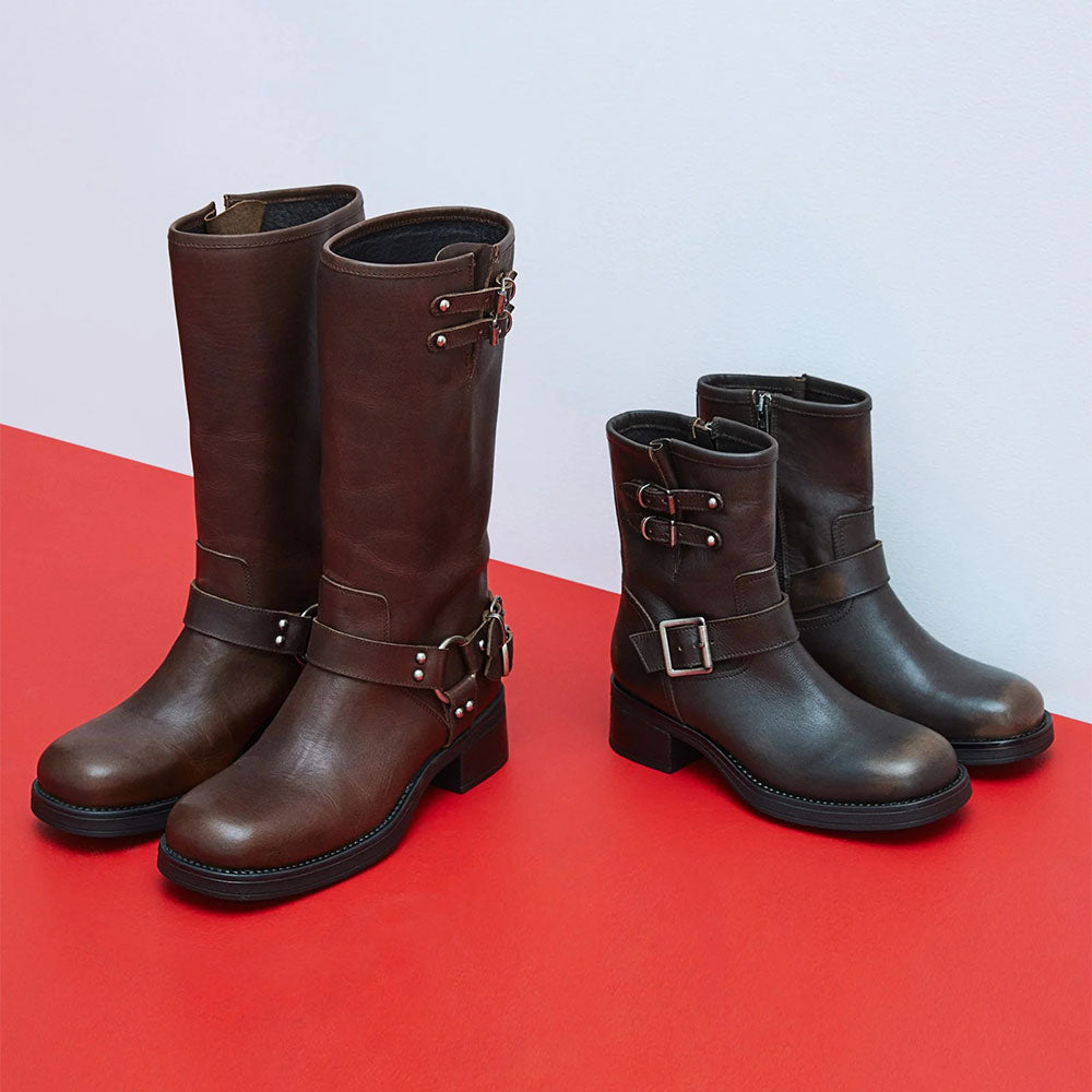 Brown Chunky Heel Buckle Strap Faux Leather Motorcycle Mid Calf Boots