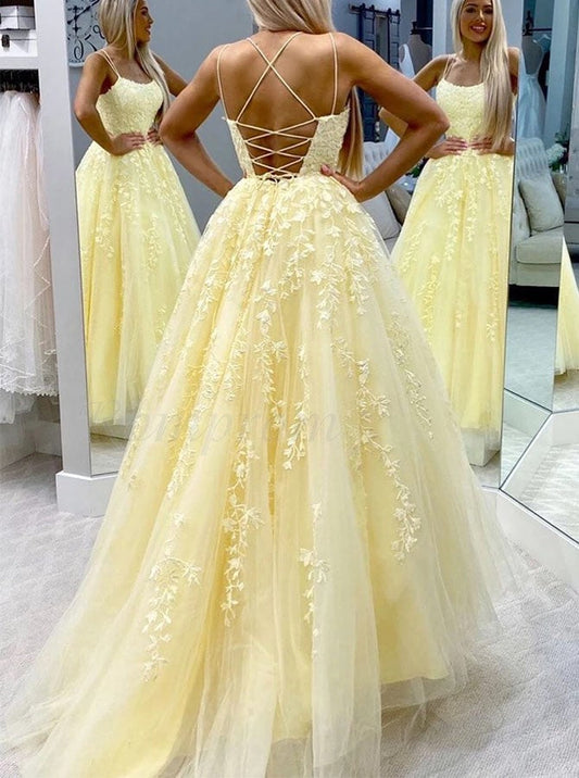 PM343,Elegant Yellow Applique Tulle Prom Evening Dresses