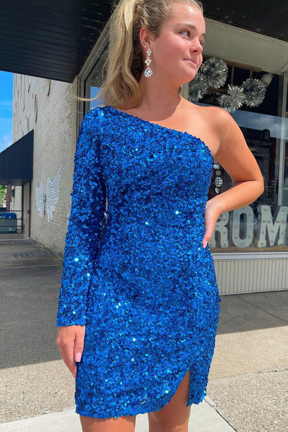 Glittery Royal Blue Sequins Semi Formal Dress with Sleeves