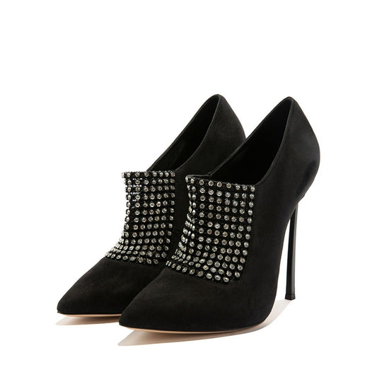 Black Vegan Suede Pointed Toe High Heel Rhinestone Boots by FSJ