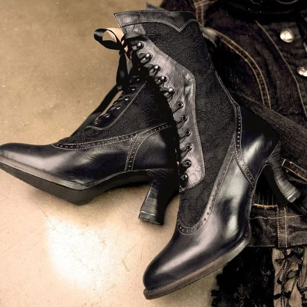 Black Lace Almond Toe Spool Heel Mid Calf Boots for Women with Ribbon