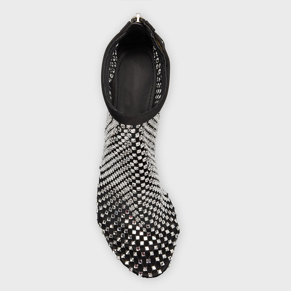 Black Round Toe Stiletto Booties Rhinestone Mesh Ankle Boots