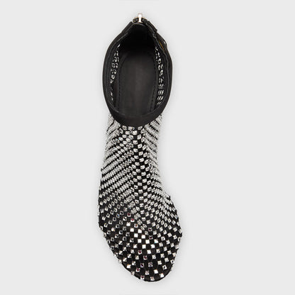 Black Round Toe Stiletto Booties Rhinestone Mesh Ankle Boots