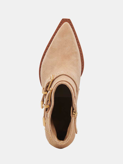 Brown Faux Suede Snip Toe Side-Zip Cowgirl Ankle Boots With Chunky Heels