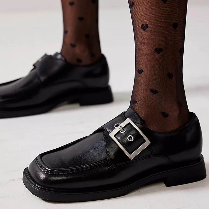 Black Business Casual Shoes Square Toe Buckled Women's Loafers