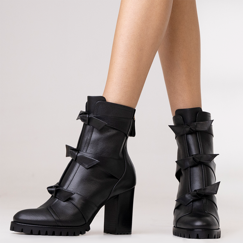 Black Round Toe Bow Embellished Chunky Heel Ankle Boots with Zipper