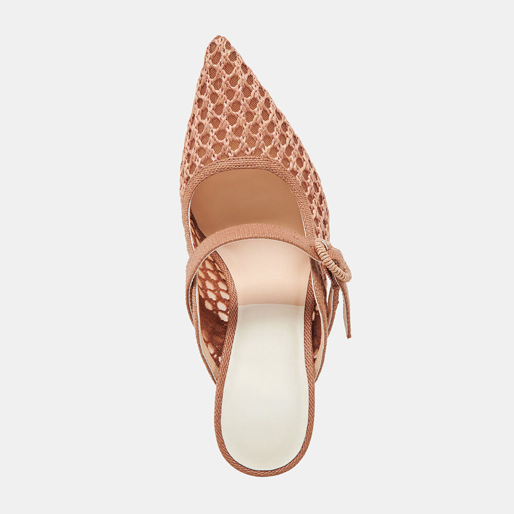 Brown Woven Raffia Pointed Toe Cut-Out Buckle Strap Mule Heels
