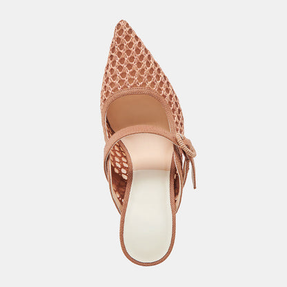 Brown Woven Raffia Pointed Toe Cut-Out Buckle Strap Mule Heels