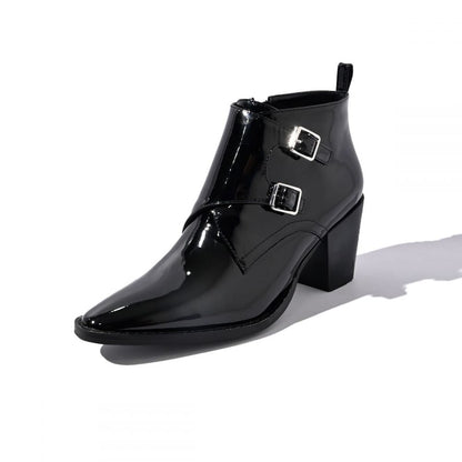 Black Patent Leather Monk Buckle Chunky Heel Ankle Boots