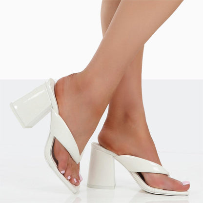 White Patent Leather Square Toe Block Heel Mules for Women