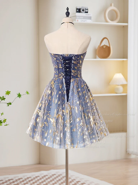 Retro Blue Sequin Strapless Design A-line Tulle Party Dress Homecoming Dress TP4073