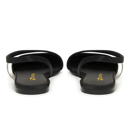 Satin Slip-On Clear PVC Strap Slingback Pointed Toe Flats in Black