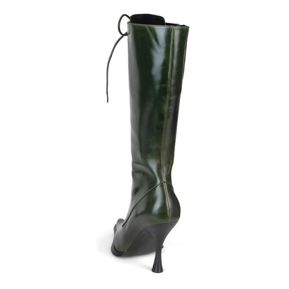 Dark Green Pointed Toe Tie-Up Spool Heel Zipper Mid Calf Boots