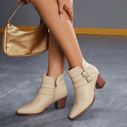 Beige Pointed Toe Chunky Heel Ankle Boots with Buckle