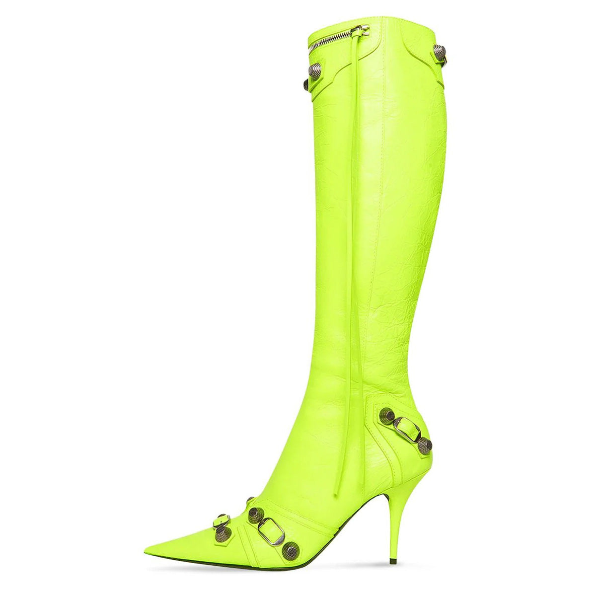 Lime Green Buckled Pointed Toe Studded Stiletto Heel Knee High Boots