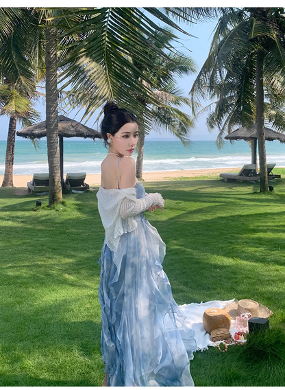 Simple Elegant Blue Floral Design Beach Holiday Spaghetti Strap Dress TP3065