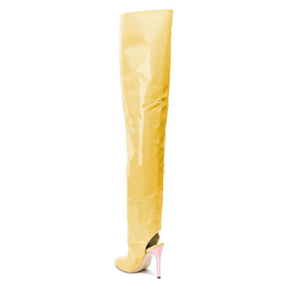 Yellow Patent Leather Slingback Stiletto Heel Over-the-Knee Boots