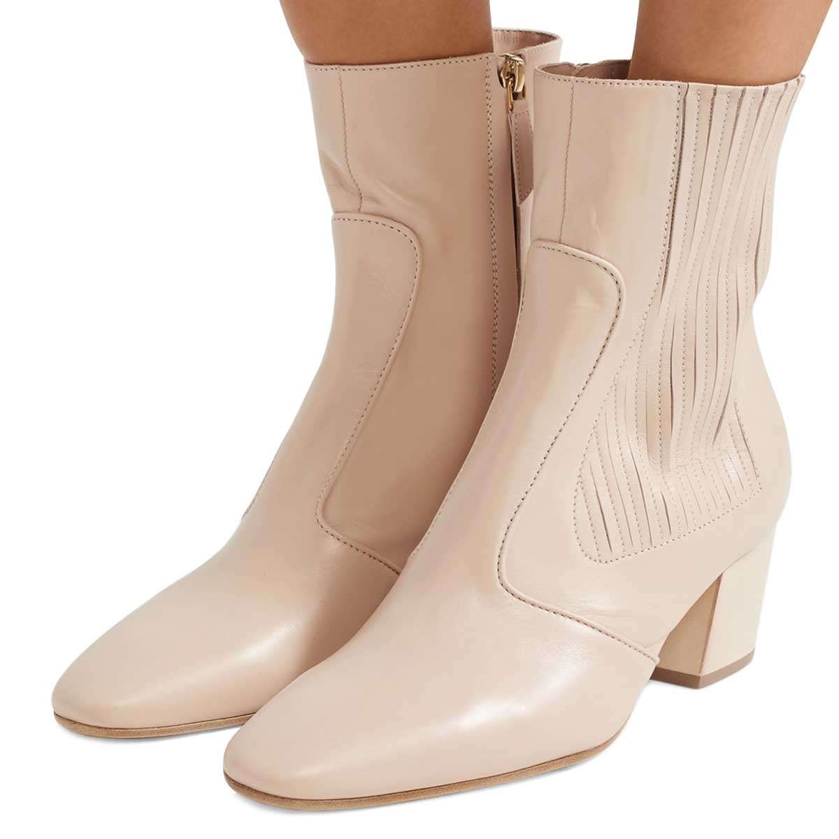 Beige Square Toe Side Zipper Ankle Boots with Chunky Heels