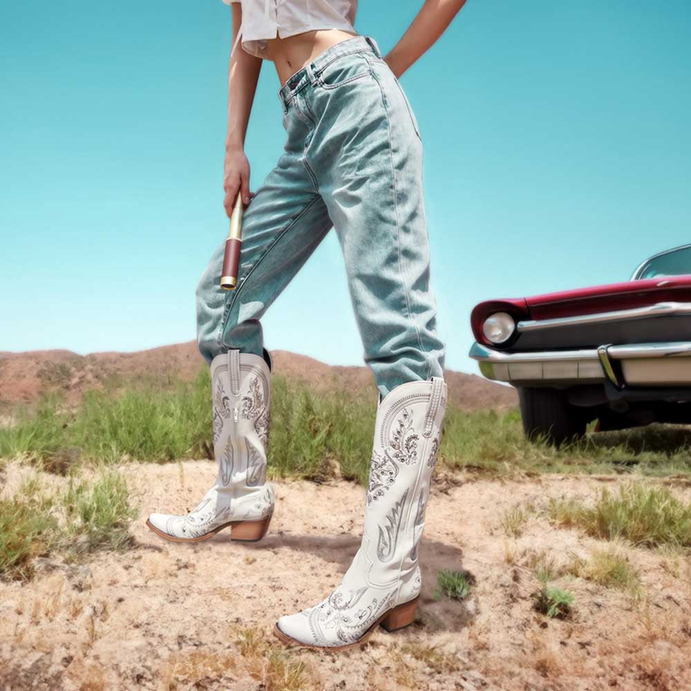 White Rhinestone Embroidered Chunky Heel Cowboy Knee High Boots