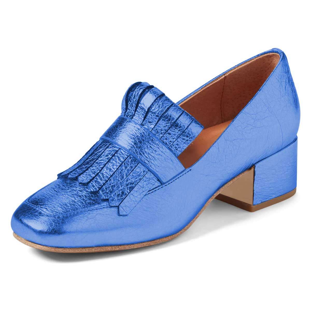 Blue Square Toe Fringe Decor Block Heel Women's Loafers
