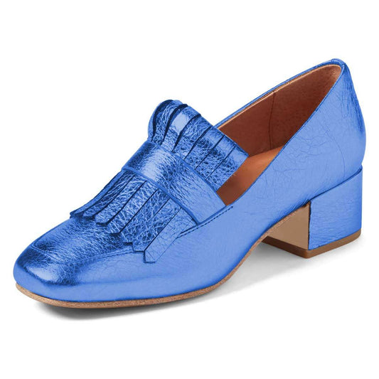 Blue Square Toe Fringe Decor Block Heel Women's Loafers
