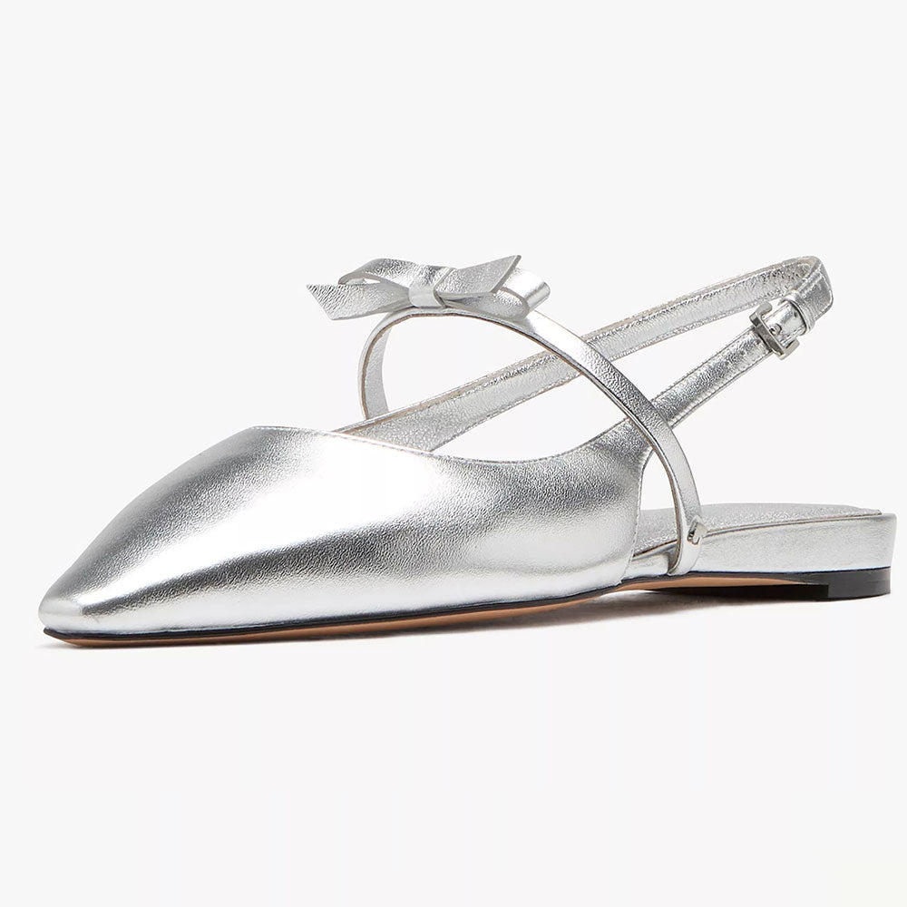 Silver Slingback Flats Pointed Toe Strap Metallic Shoes with Bows