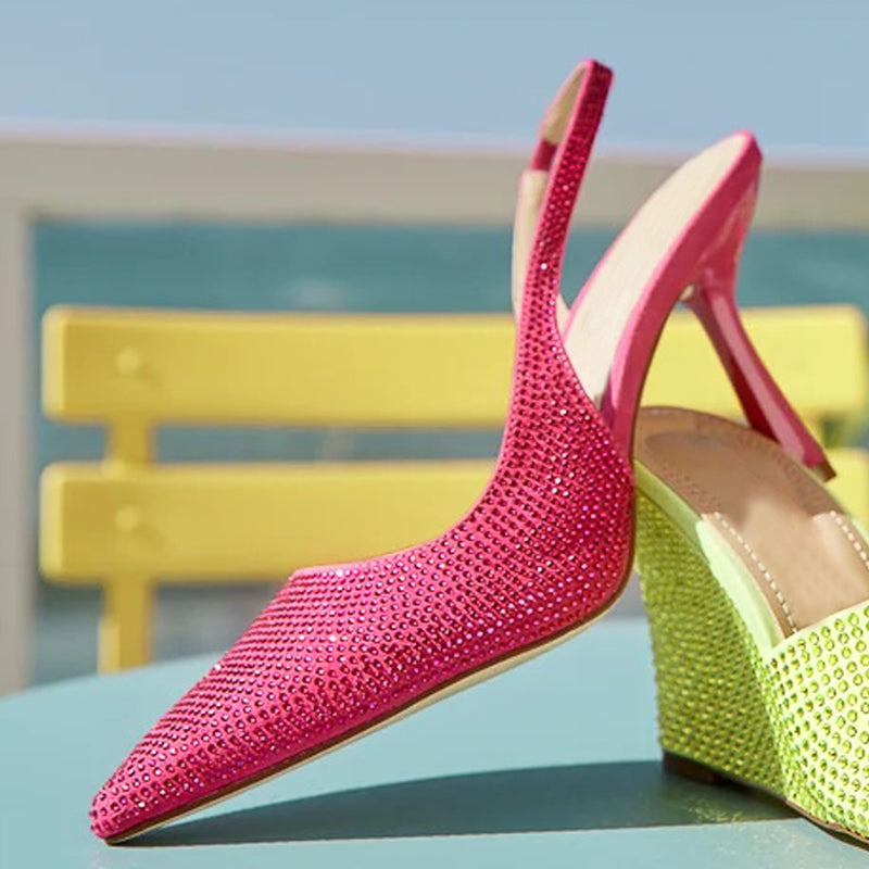 Fuchsia Pointed Kitten Heel Wedding Rhinestones Slingback Pumps