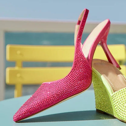 Fuchsia Pointed Kitten Heel Wedding Rhinestones Slingback Pumps