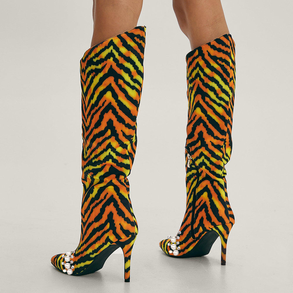 Women's Tiger Print Stiletto Heel Knee High Boots with Pearls
