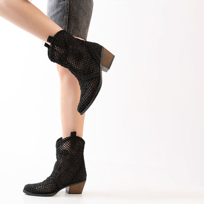 Women__ Classic Mid Block Heel Hollow-Out Black Western Boots
