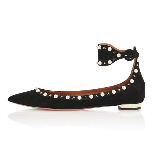 Pearls and Stars Embellished Ankle Strap Pointed Toe Flats in Black