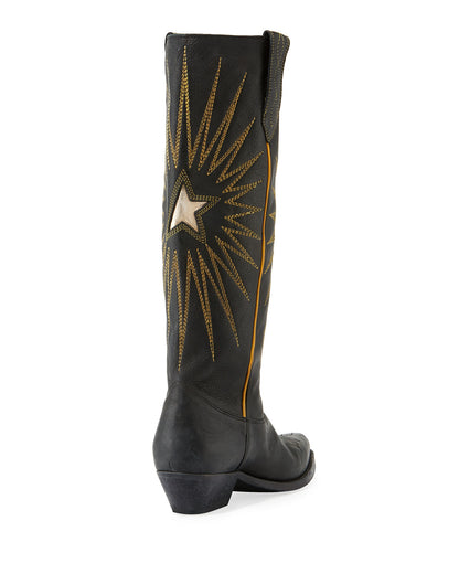 Black Chunky Heel Embroidered Pointy Toe Knee High Cowgirl Boots
