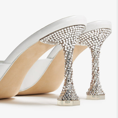 White Open Toe Rhinestone Decor Flared Heel Mules Sandals