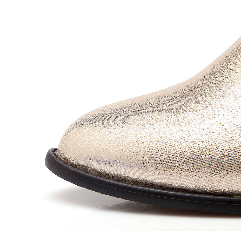 Champagne Round Toe Flats Quilted Zipper Knee High Boots