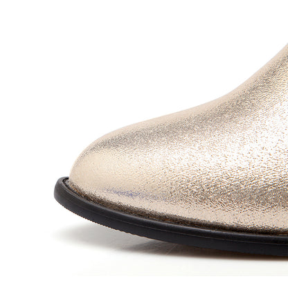 Champagne Round Toe Flats Quilted Zipper Knee High Boots