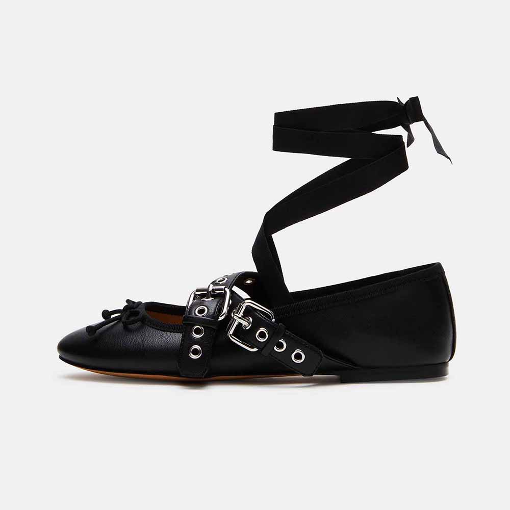 Black Round Toe Grommet Buckle Strap Lace Up Flats with Bowknot