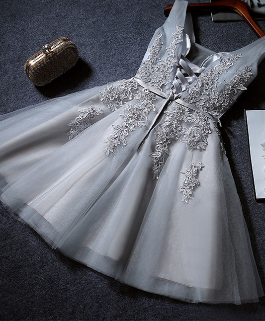 Vintage Gray Applique Design A-line Tulle Party Dress Homecoming Dress TP4067