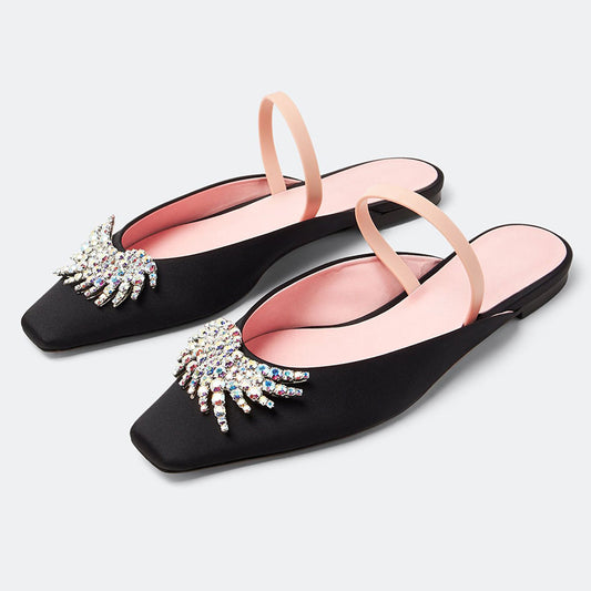 Black Satin Square Toe Rhinestone Embellished Mule Flats with Strap