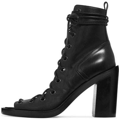 Black Lace Up Summer Booties Peep Toe Chunky Heel Ankle Boots