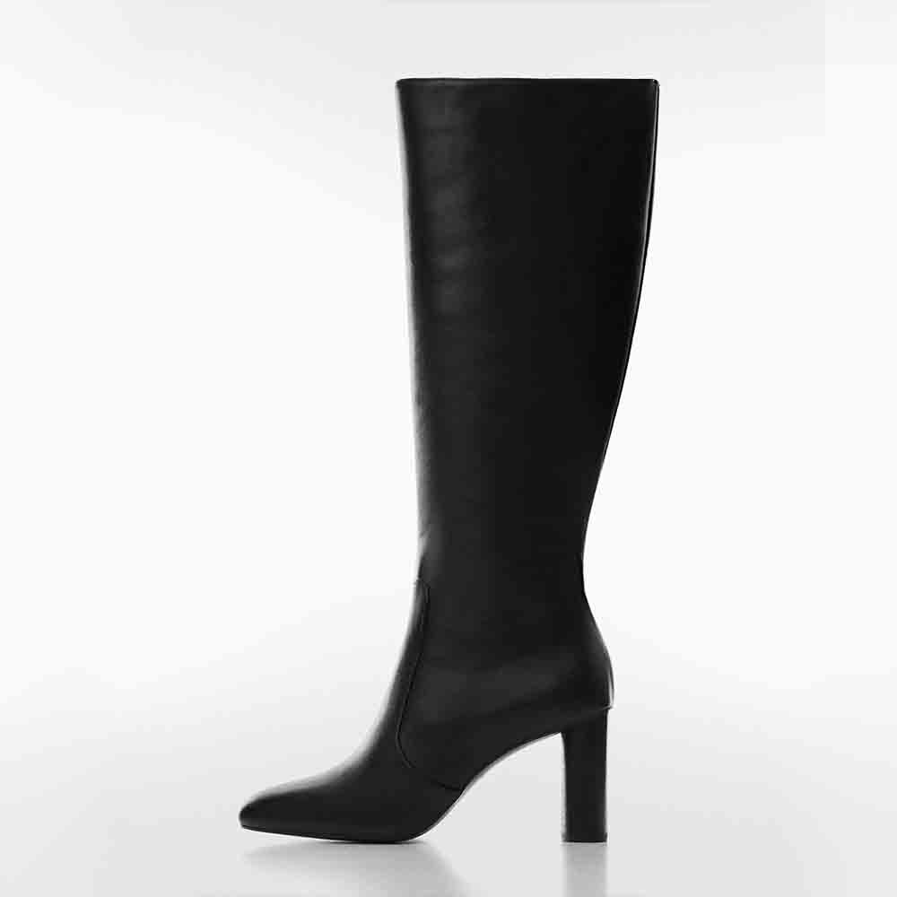 Black Round Toe Shoes Women's Classic Block Heel Knee High Boots