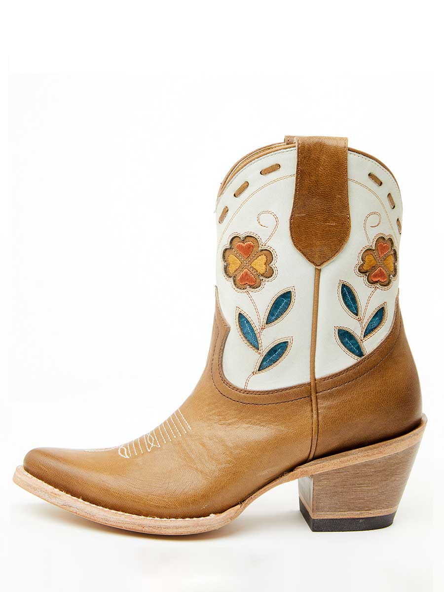 Brown & White Floral Embroidered Inlay Heeled Western Ankle Boots