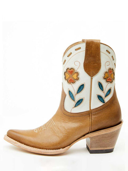 Brown & White Floral Embroidered Inlay Heeled Western Ankle Boots
