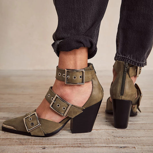 Women's Olive Pointed Toe Triple Strap Block Heel Pumps with Buckles