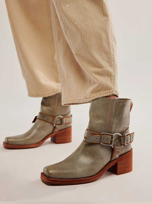 Gray Distressed Square Toe Buckle Studded Block Heel Ankle Boots