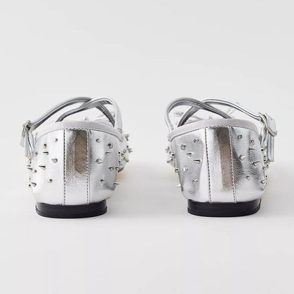Silver Metallic Round-Toe Studded Bow Ballet Flats with Straps