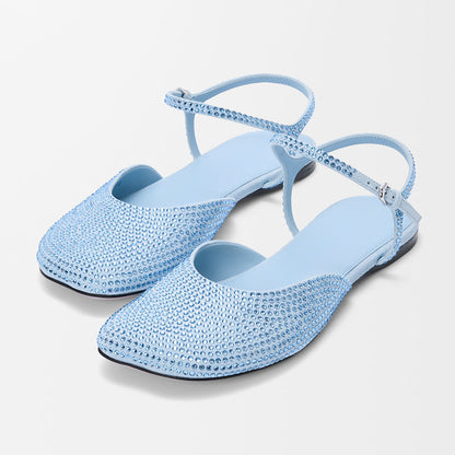 Light Blue Closed-Toe Rhinestone Embellished Ankle Strap Flats